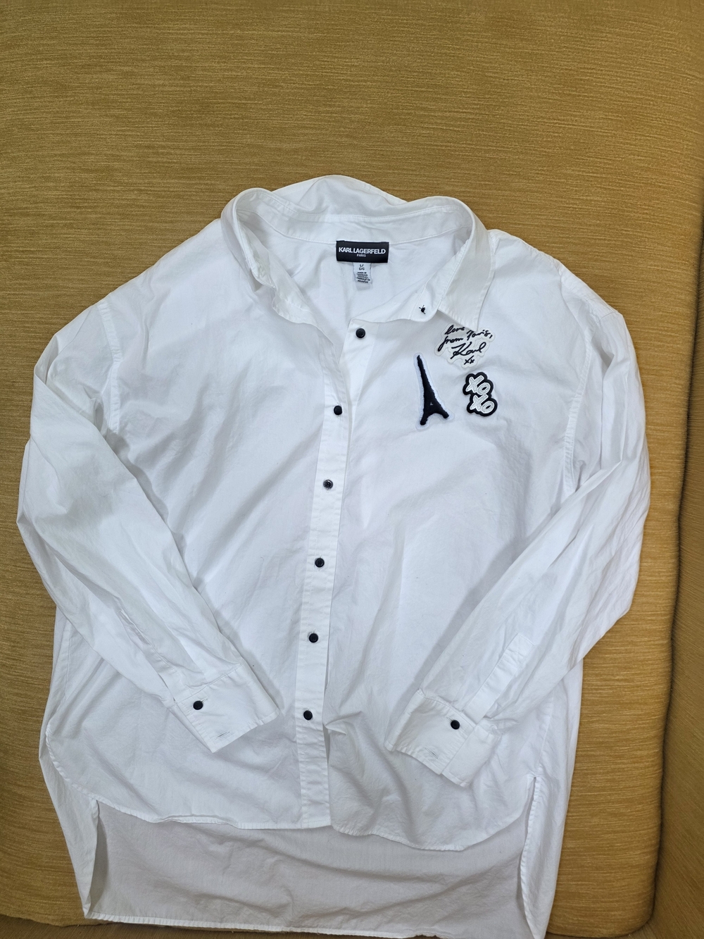 Karl Lagerfeld White Button-Up Shirt with Embroidered Paris Size Large Ladies